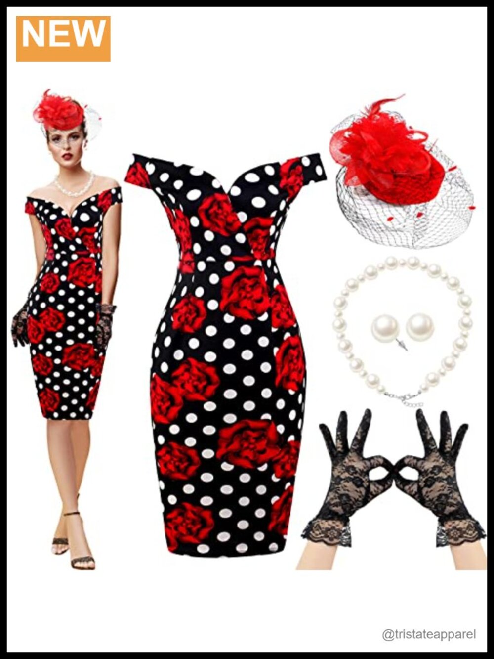 1950s Polka Dot Pencil Dress Set with Headpiece Gloves Faux Pearl for Cosplay